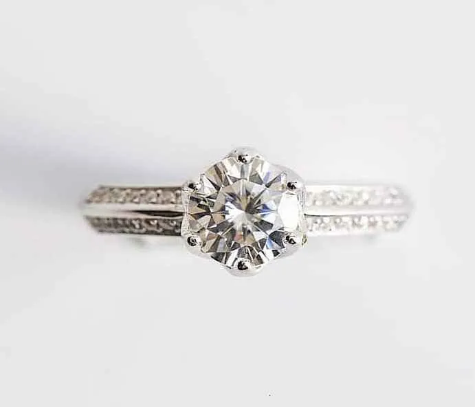 1 Carat Round Moissanite Engagement Ring. 6-Prong Double Paved Ring. High Quality Engagement Ring. Sterling Silver Promise Ring.