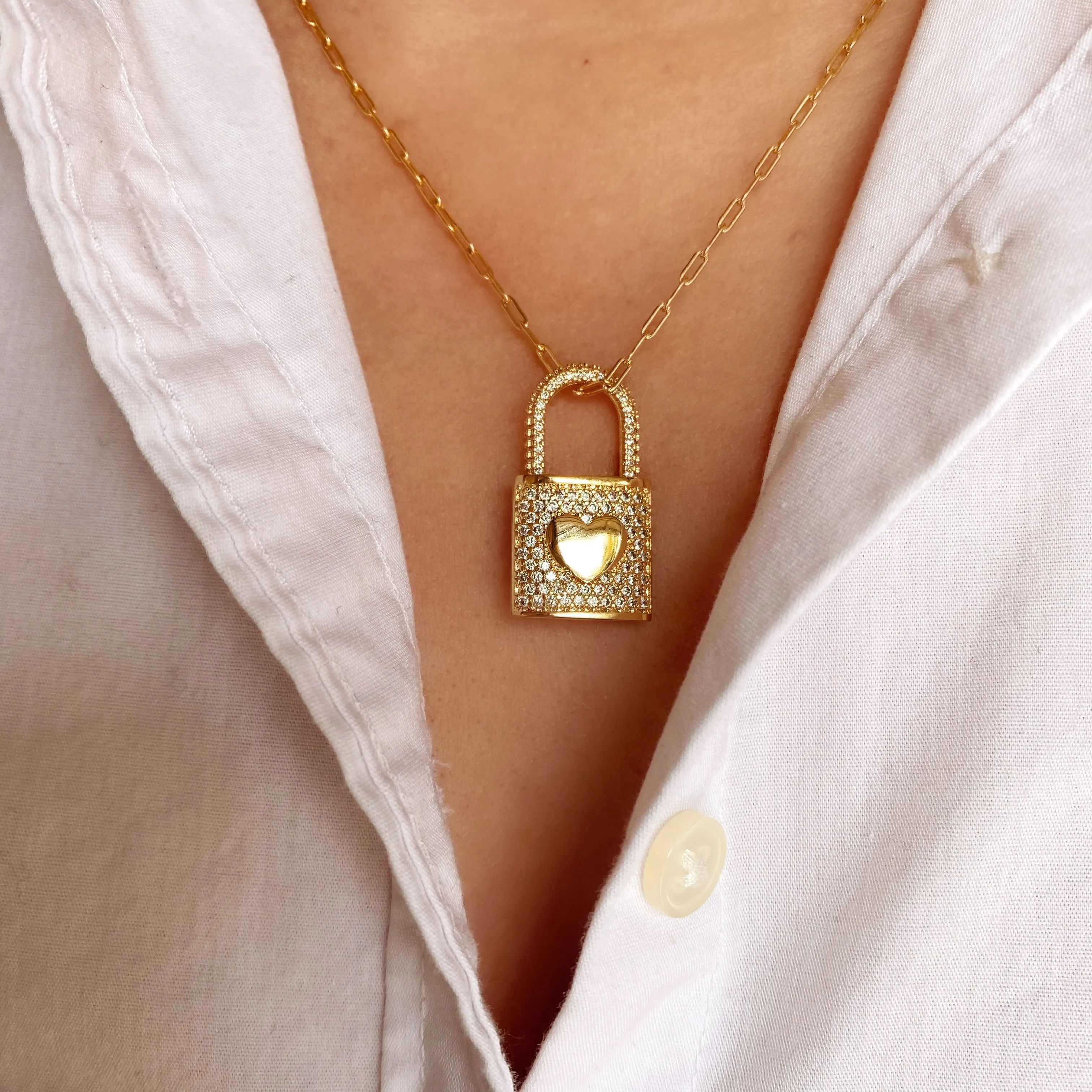 18k Gold Filled Cubic Zirconia Heart Lock Pendant
