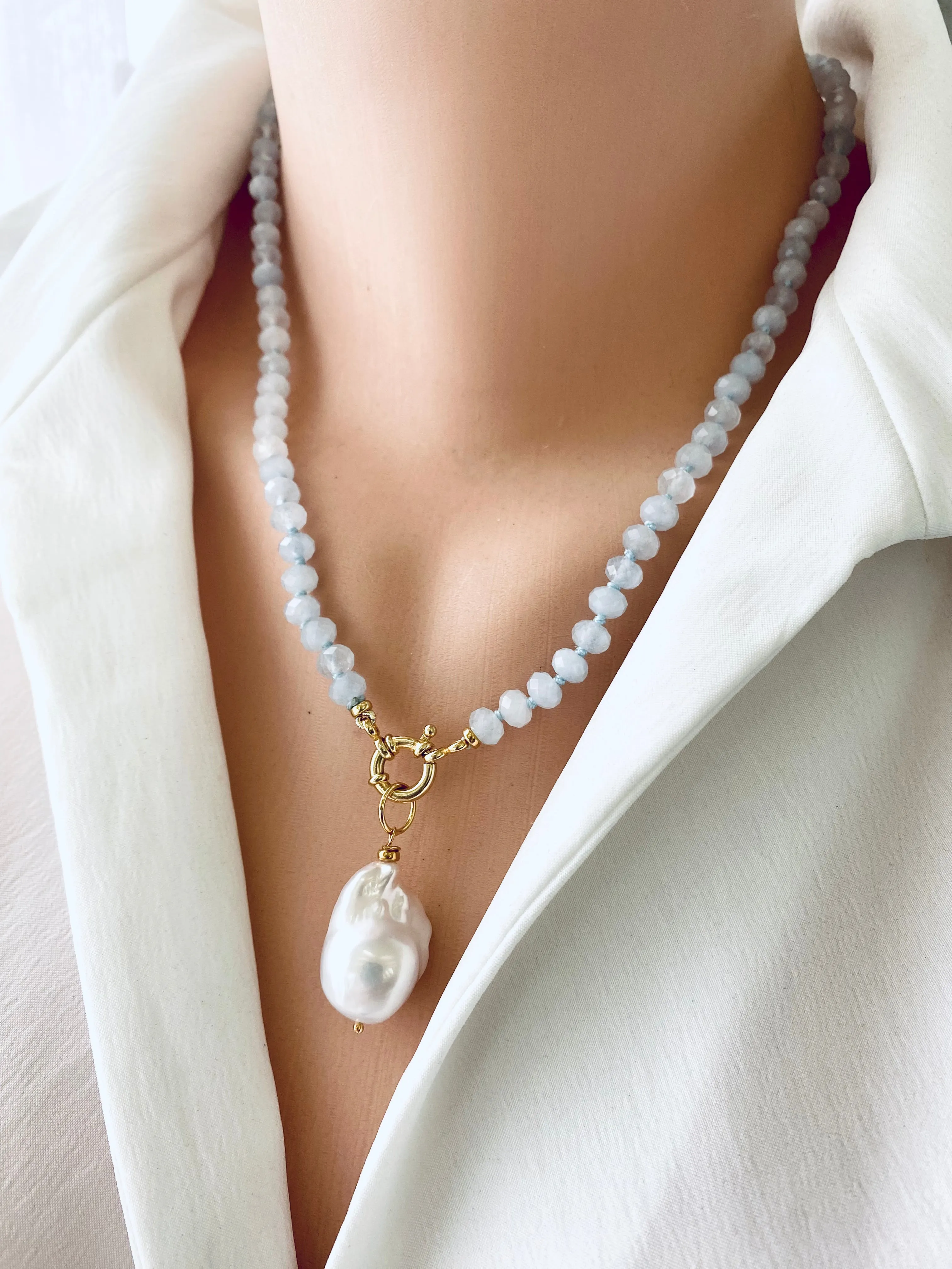 Aquamarine Candy Necklace, Baroque Pearl Pendant, Gold Vermeil, March Birthstone, 19-21inches