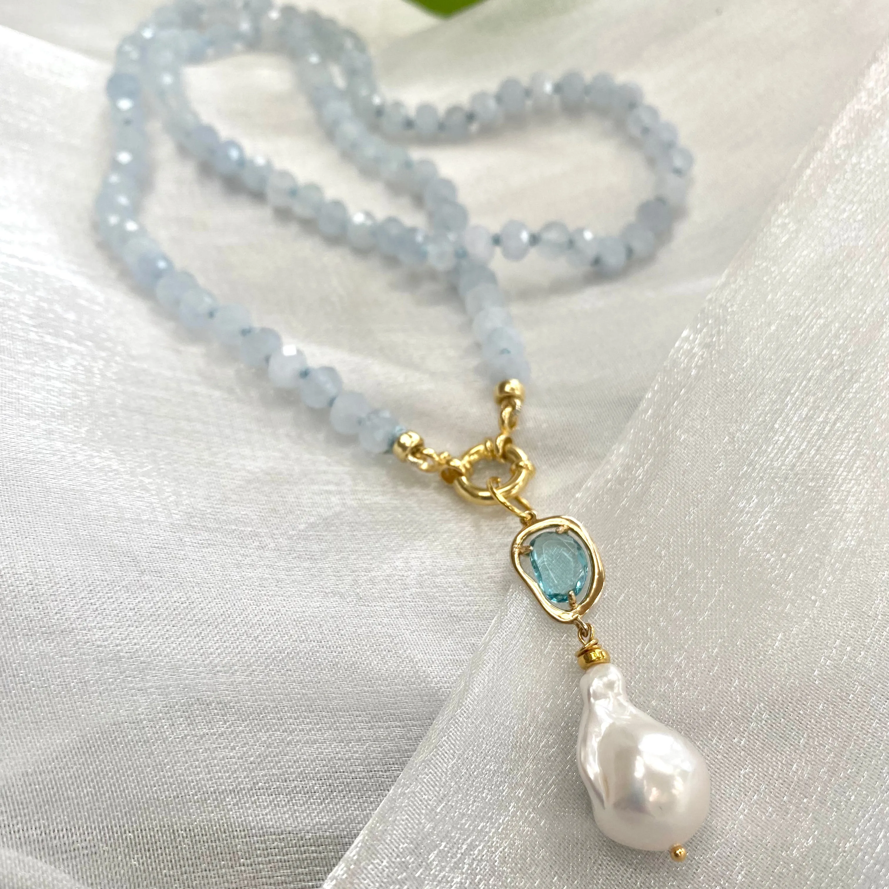 Aquamarine Candy Necklace, Baroque Pearl Pendant, Gold Vermeil, March Birthstone, 19-21inches