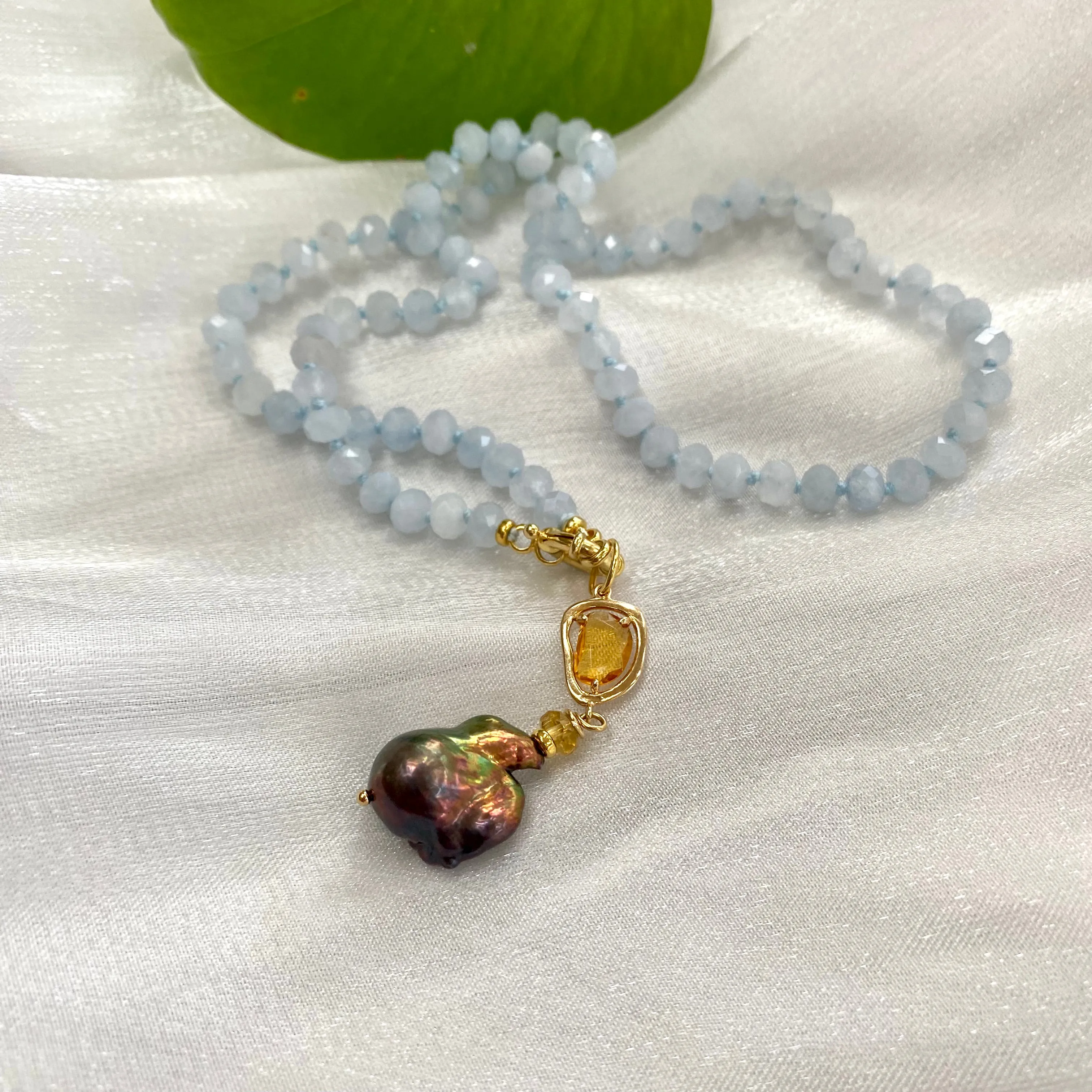 Aquamarine Candy Necklace, Baroque Pearl Pendant, Gold Vermeil, March Birthstone, 19-21inches
