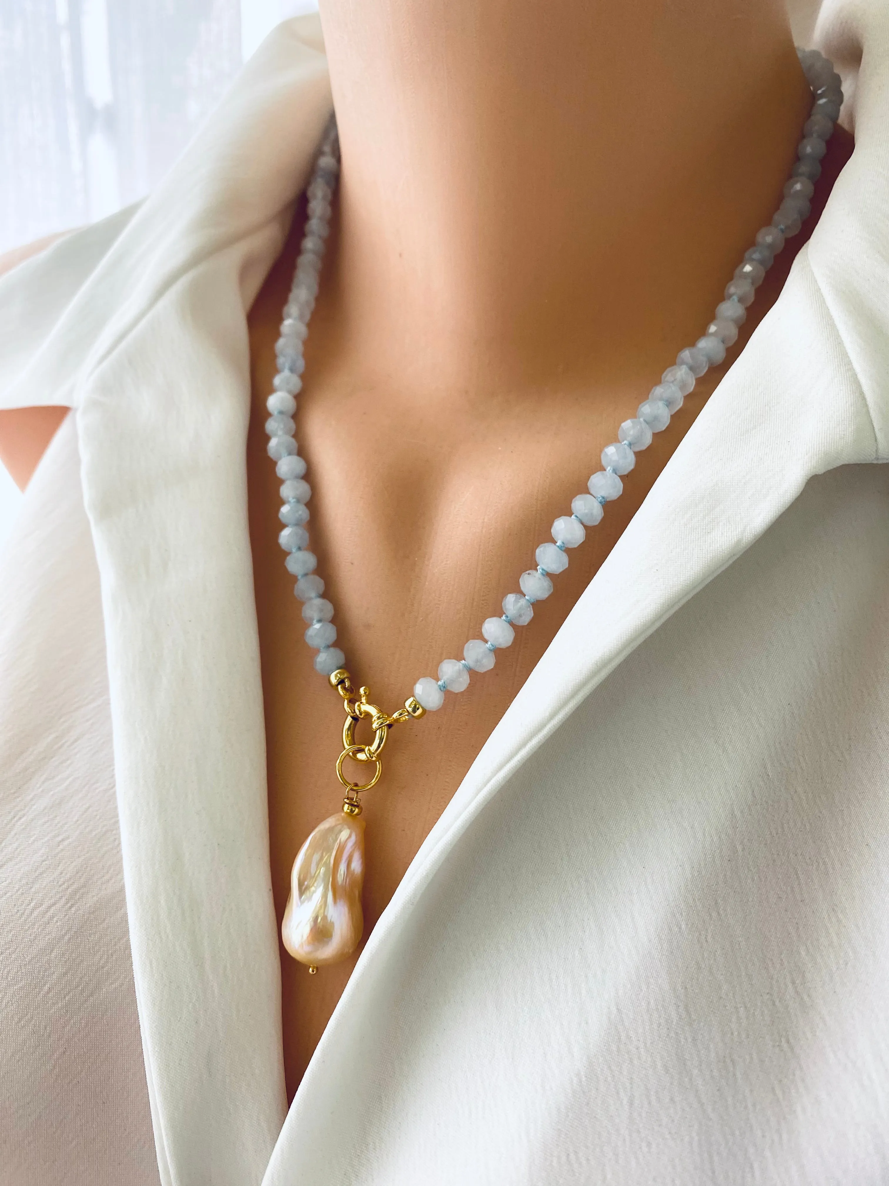Aquamarine Candy Necklace, Baroque Pearl Pendant, Gold Vermeil, March Birthstone, 19-21inches