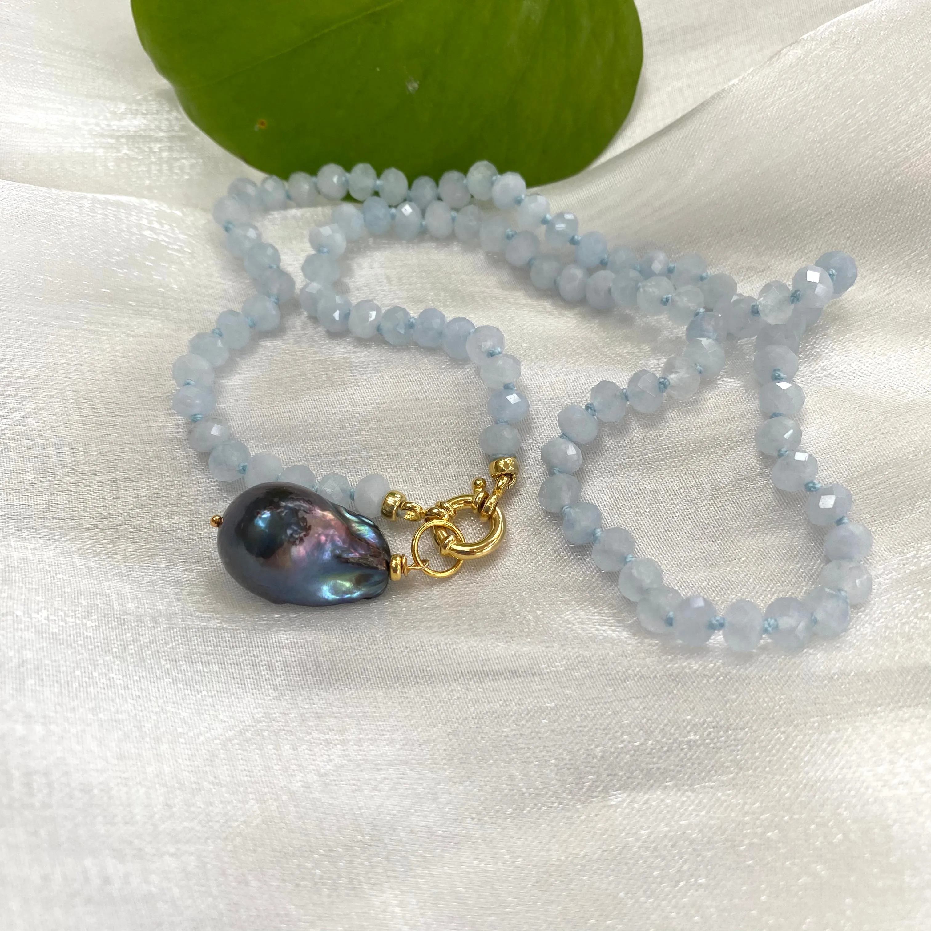 Aquamarine Candy Necklace, Baroque Pearl Pendant, Gold Vermeil, March Birthstone, 19-21inches