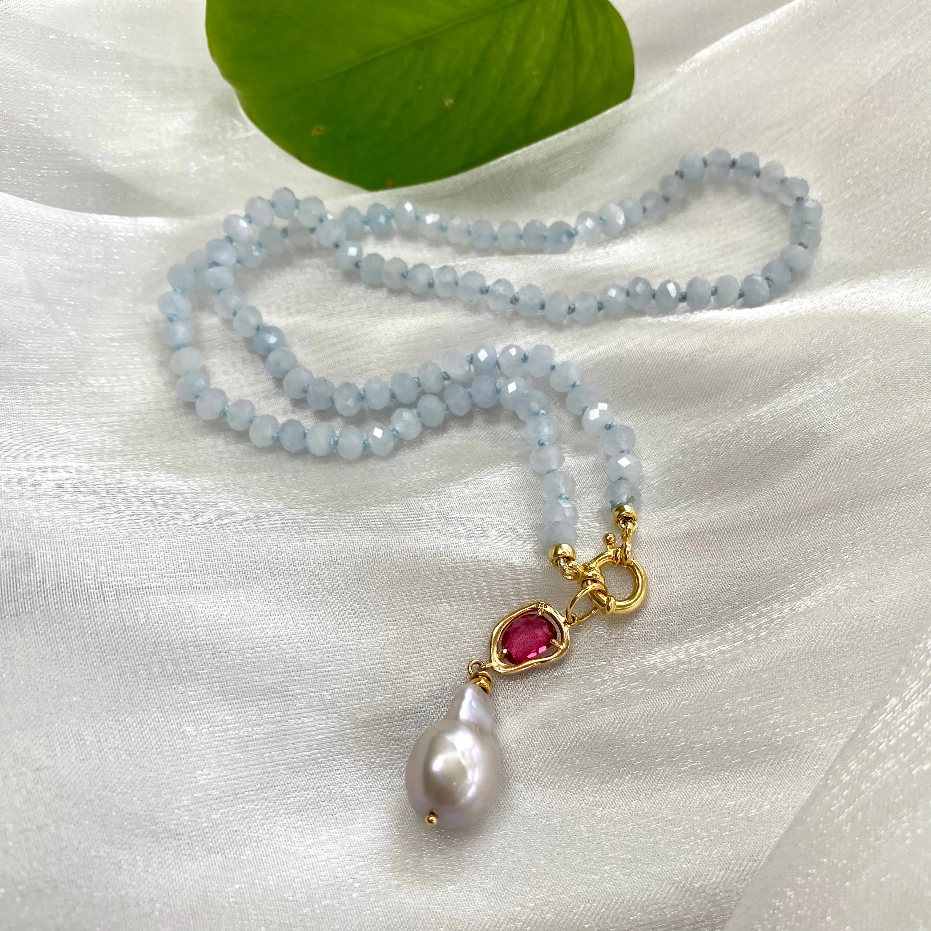 Aquamarine Candy Necklace, Baroque Pearl Pendant, Gold Vermeil, March Birthstone, 19-21inches