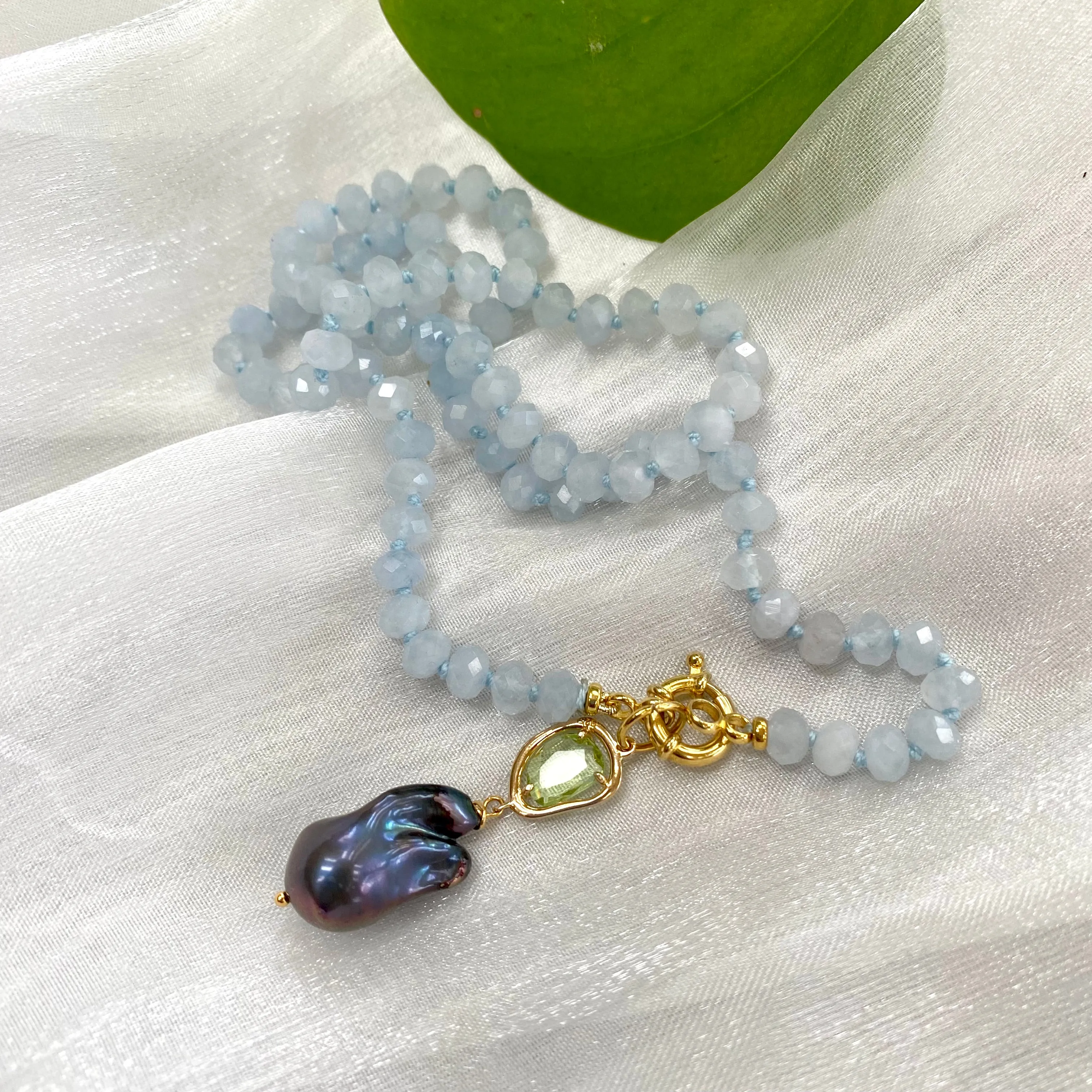 Aquamarine Candy Necklace, Baroque Pearl Pendant, Gold Vermeil, March Birthstone, 19-21inches