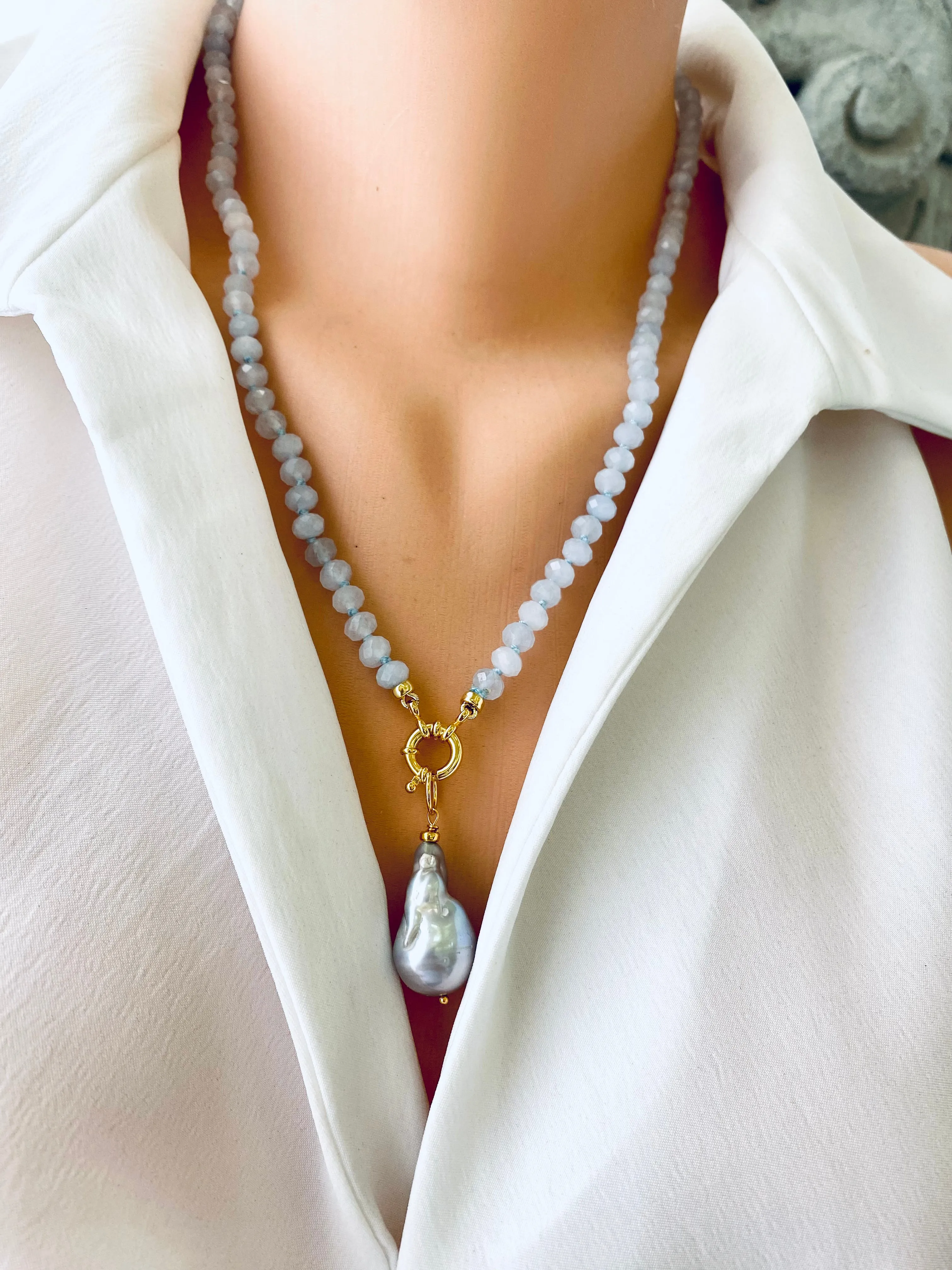 Aquamarine Candy Necklace, Baroque Pearl Pendant, Gold Vermeil, March Birthstone, 19-21inches