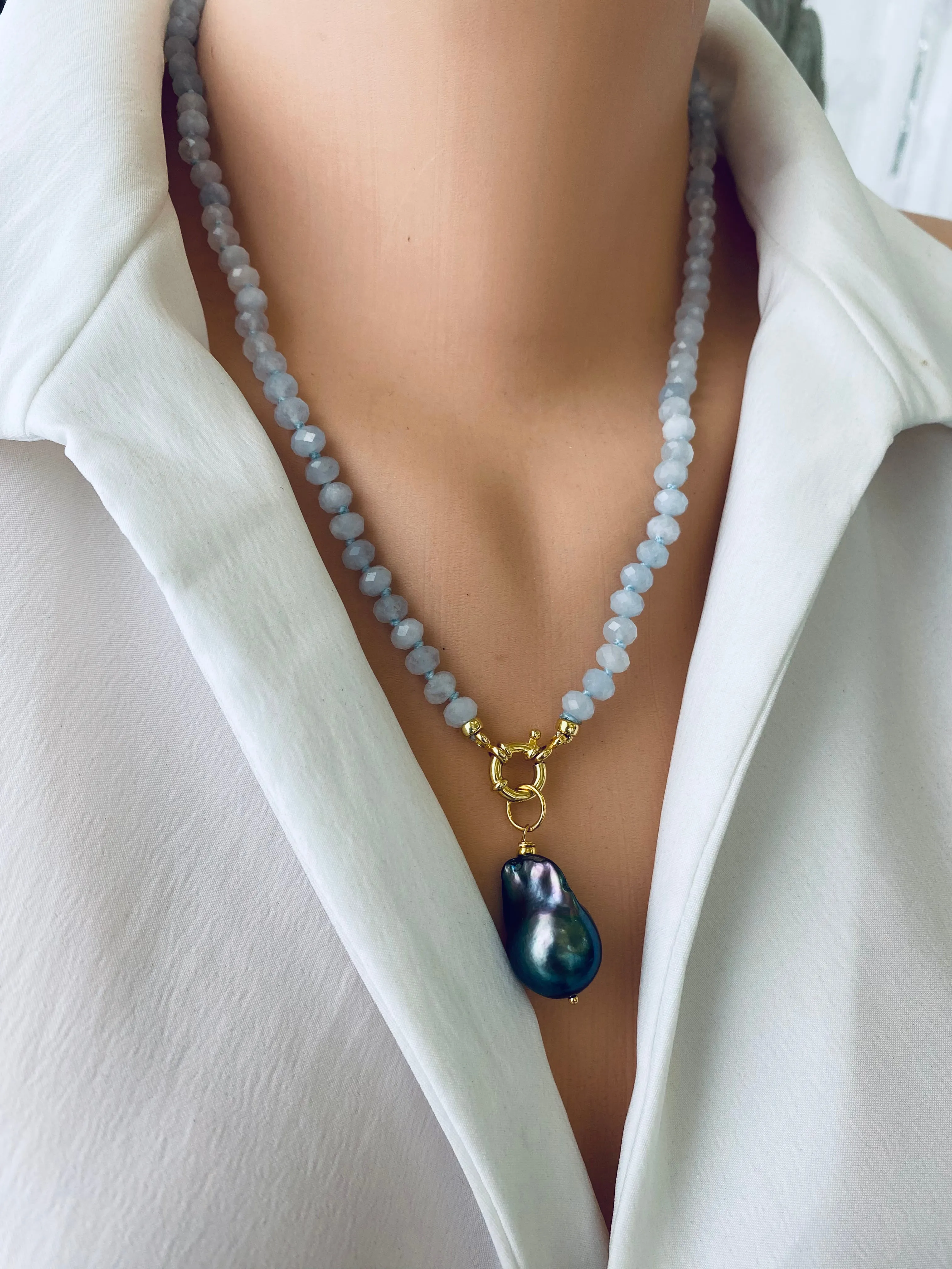 Aquamarine Candy Necklace, Baroque Pearl Pendant, Gold Vermeil, March Birthstone, 19-21inches