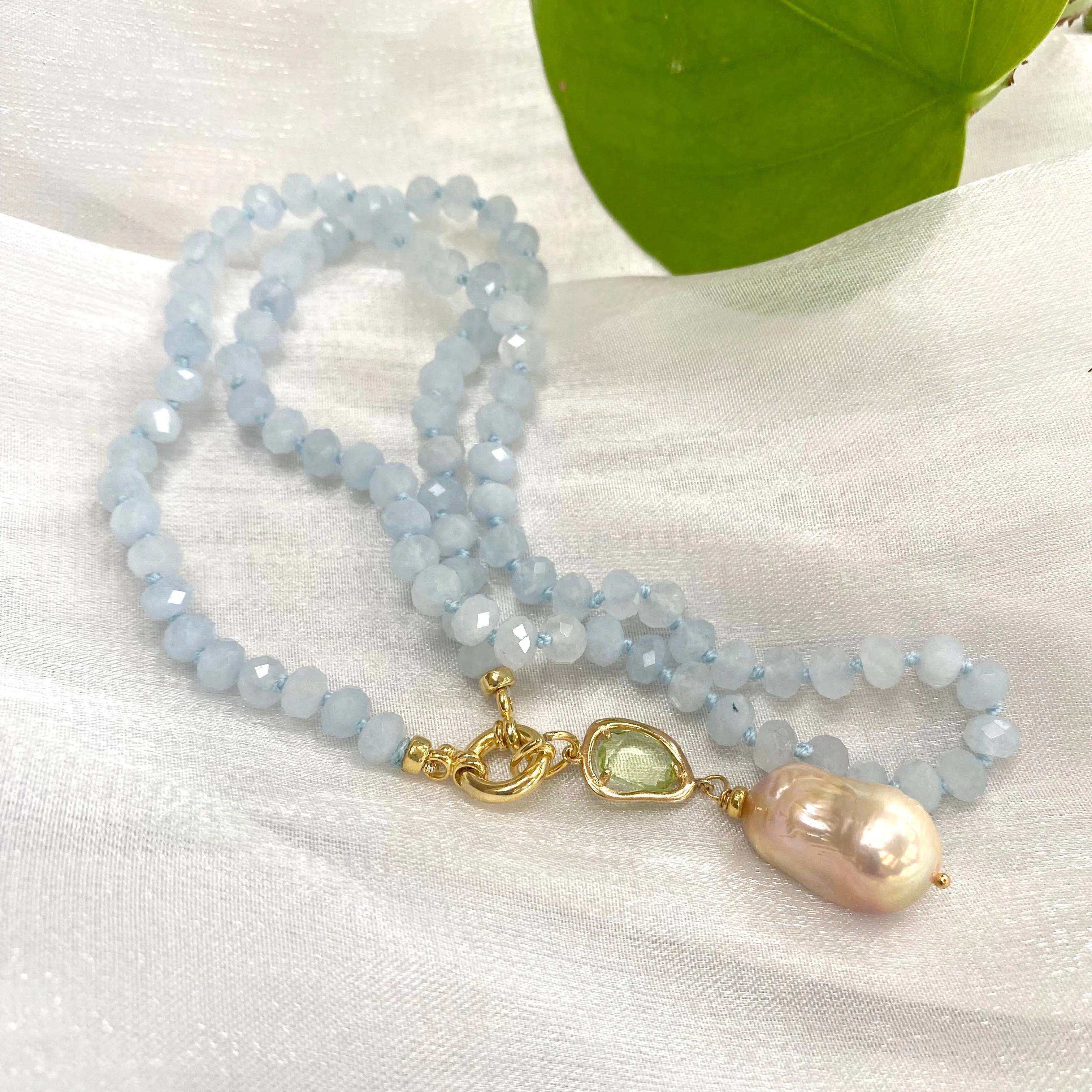 Aquamarine Candy Necklace, Baroque Pearl Pendant, Gold Vermeil, March Birthstone, 19-21inches