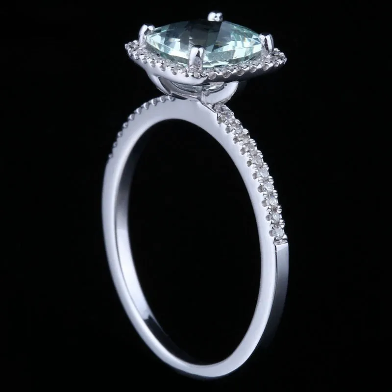 Aquamarine Diamond Halo Engagement Ring 14K White Gold