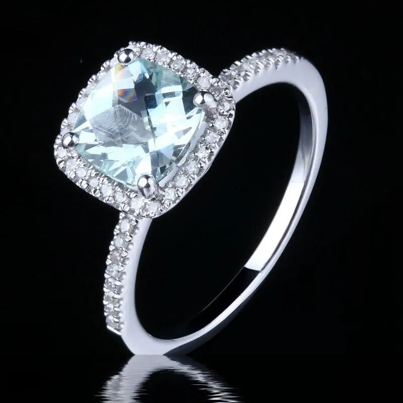 Aquamarine Diamond Halo Engagement Ring 14K White Gold