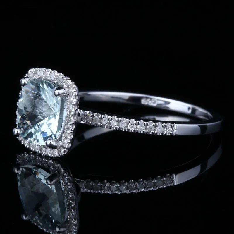 Aquamarine Diamond Halo Engagement Ring 14K White Gold