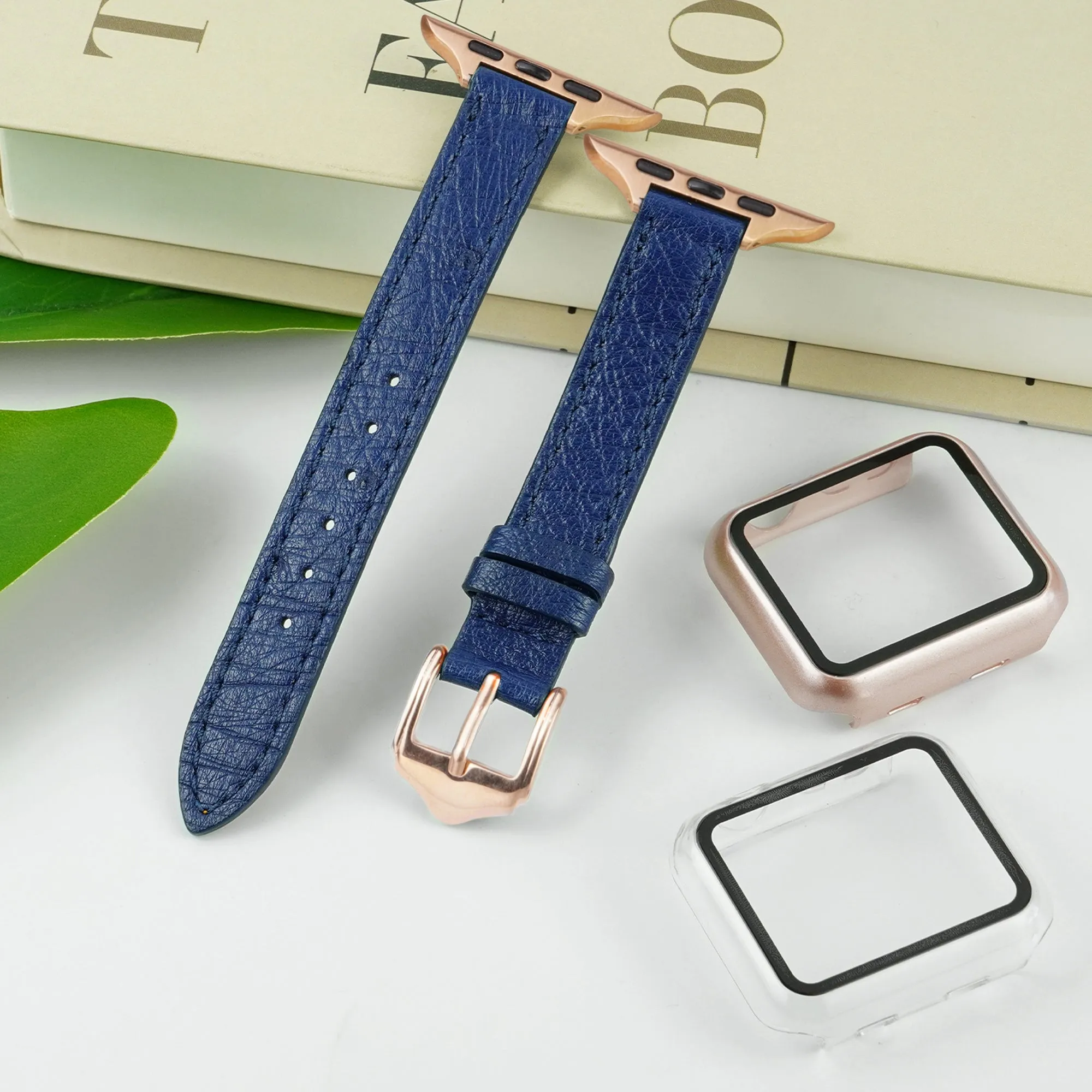 Blue Flat Ostrich Leather Band Compatible Apple Watch Iwatch 38mm Screen Protector Case Black Adapter Replacement Strap For Smartwatch Series 1 2 3 Leather Handmade AW-184G-W-38MM