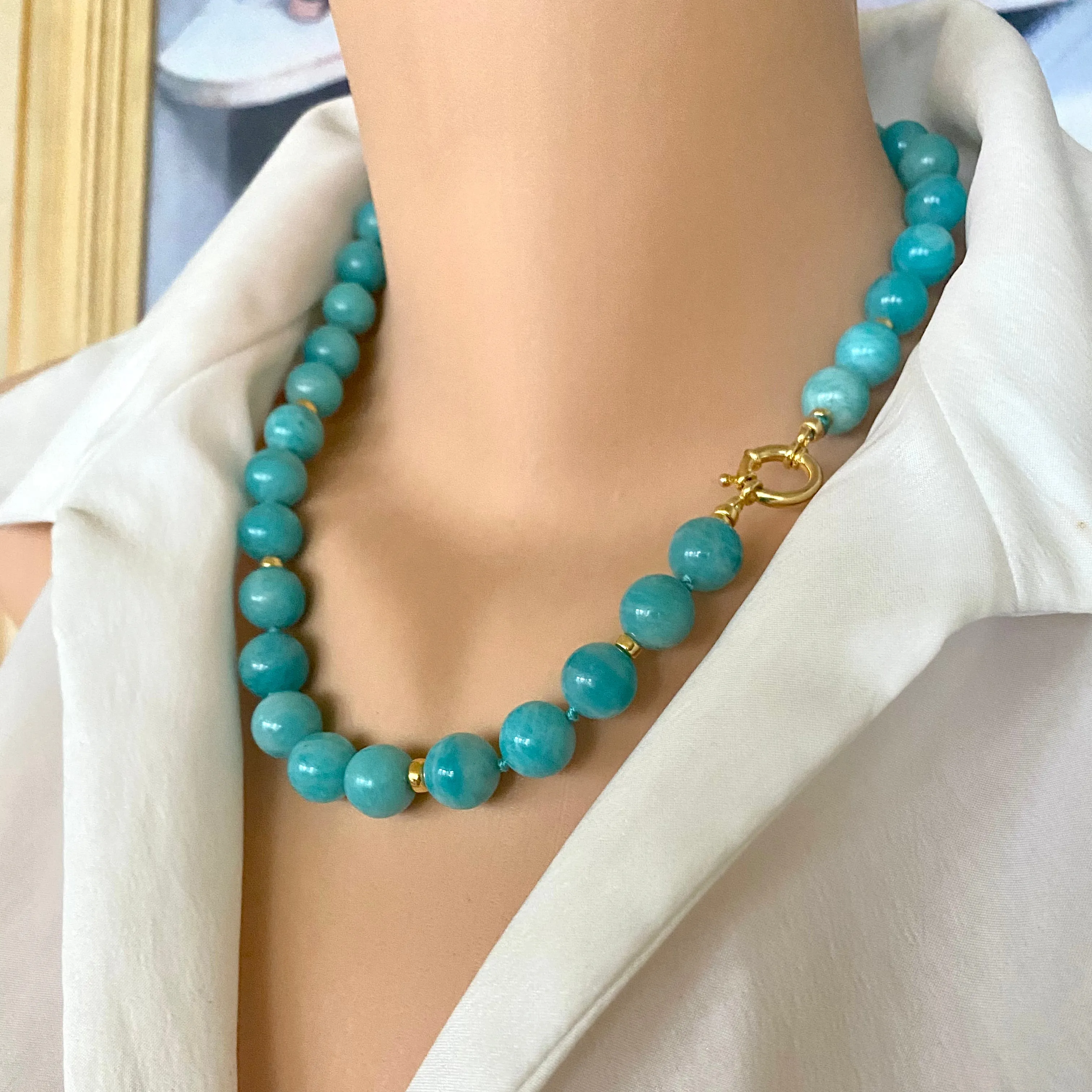 Chunky Blue Amazonite Gumball Candy Necklace, Gold Vermeil, 20inches