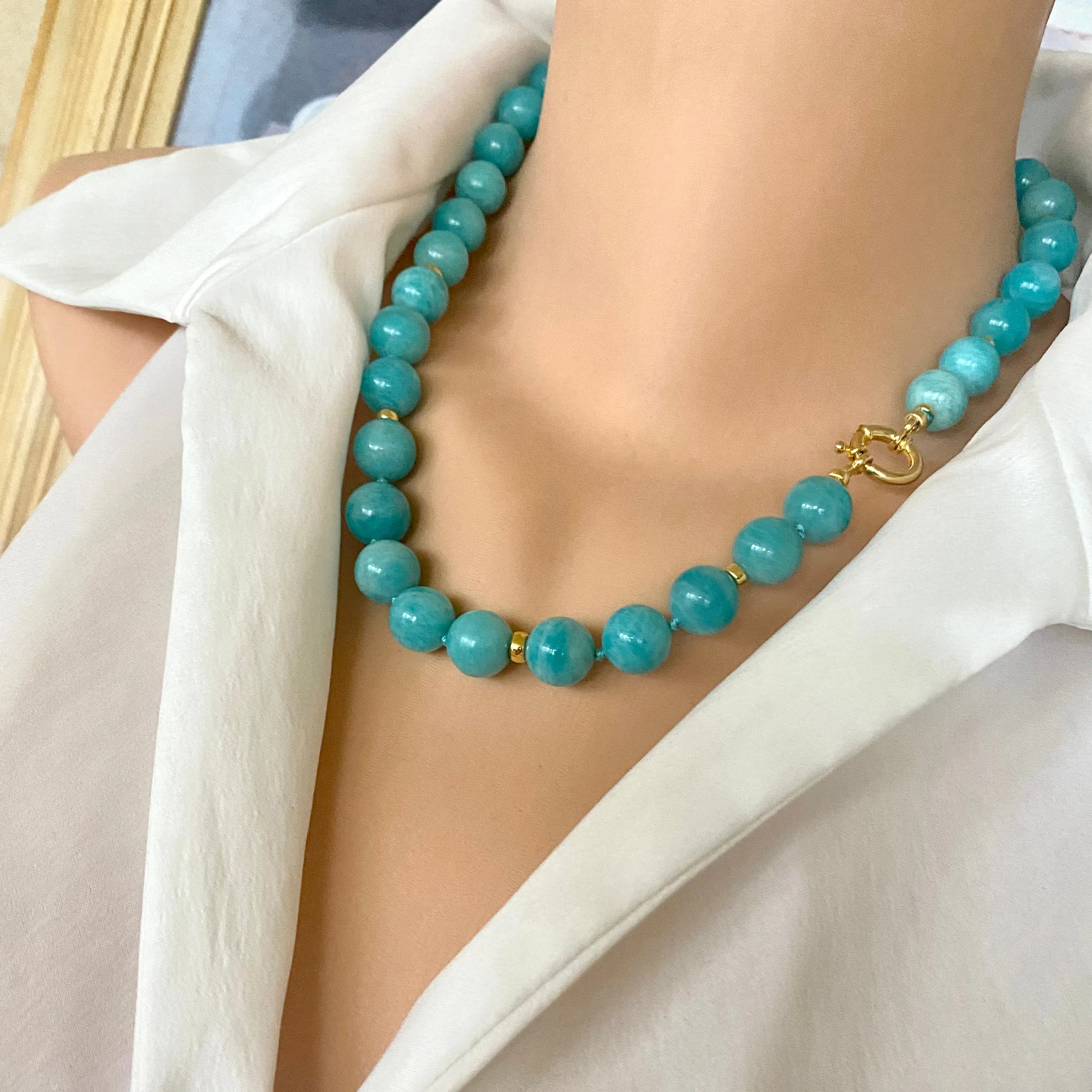 Chunky Blue Amazonite Gumball Candy Necklace, Gold Vermeil, 20inches