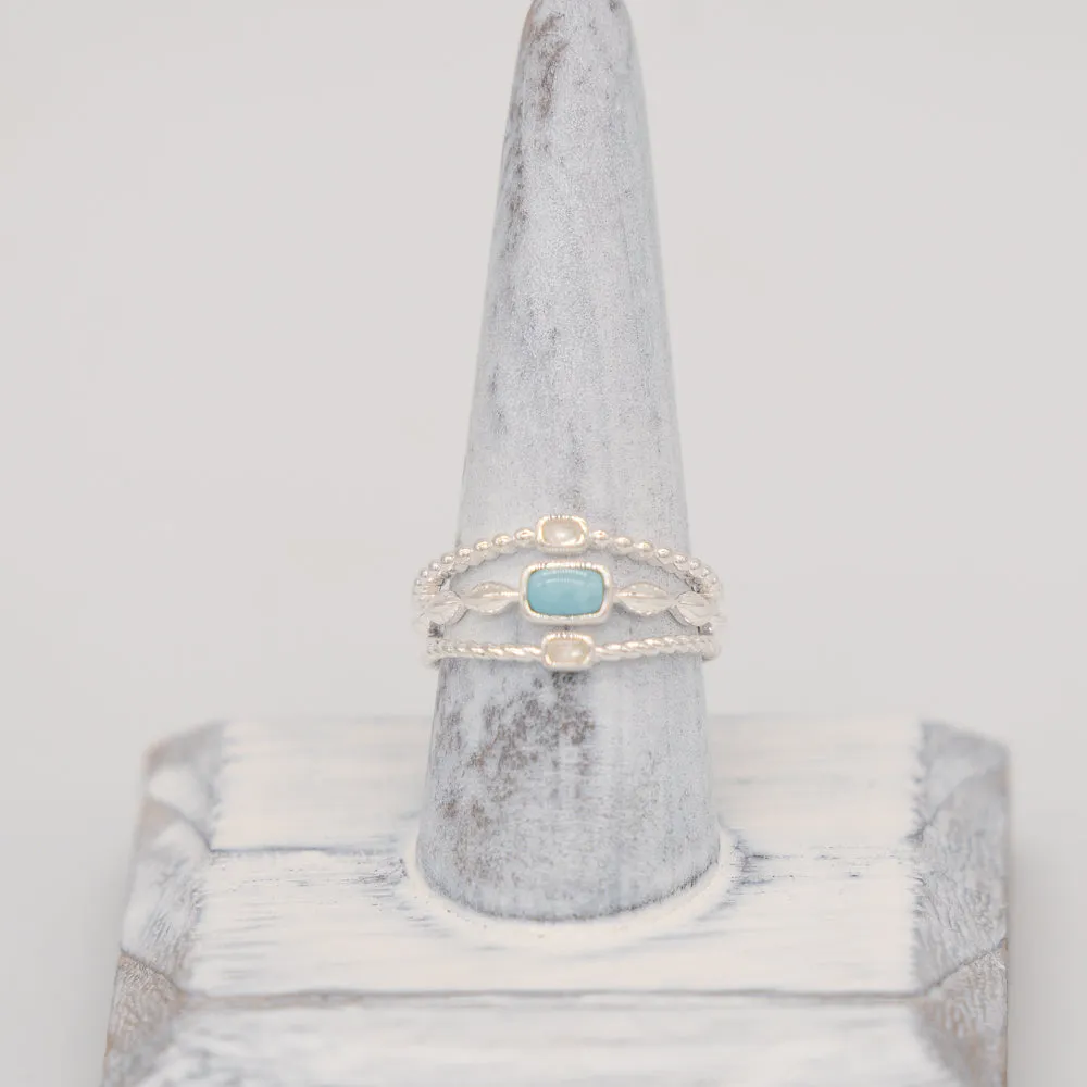 Dune Jewelry Boho Stacked Ring - .925 Sterling Silver with Larimar and Mother of Pearl - Made in the USA