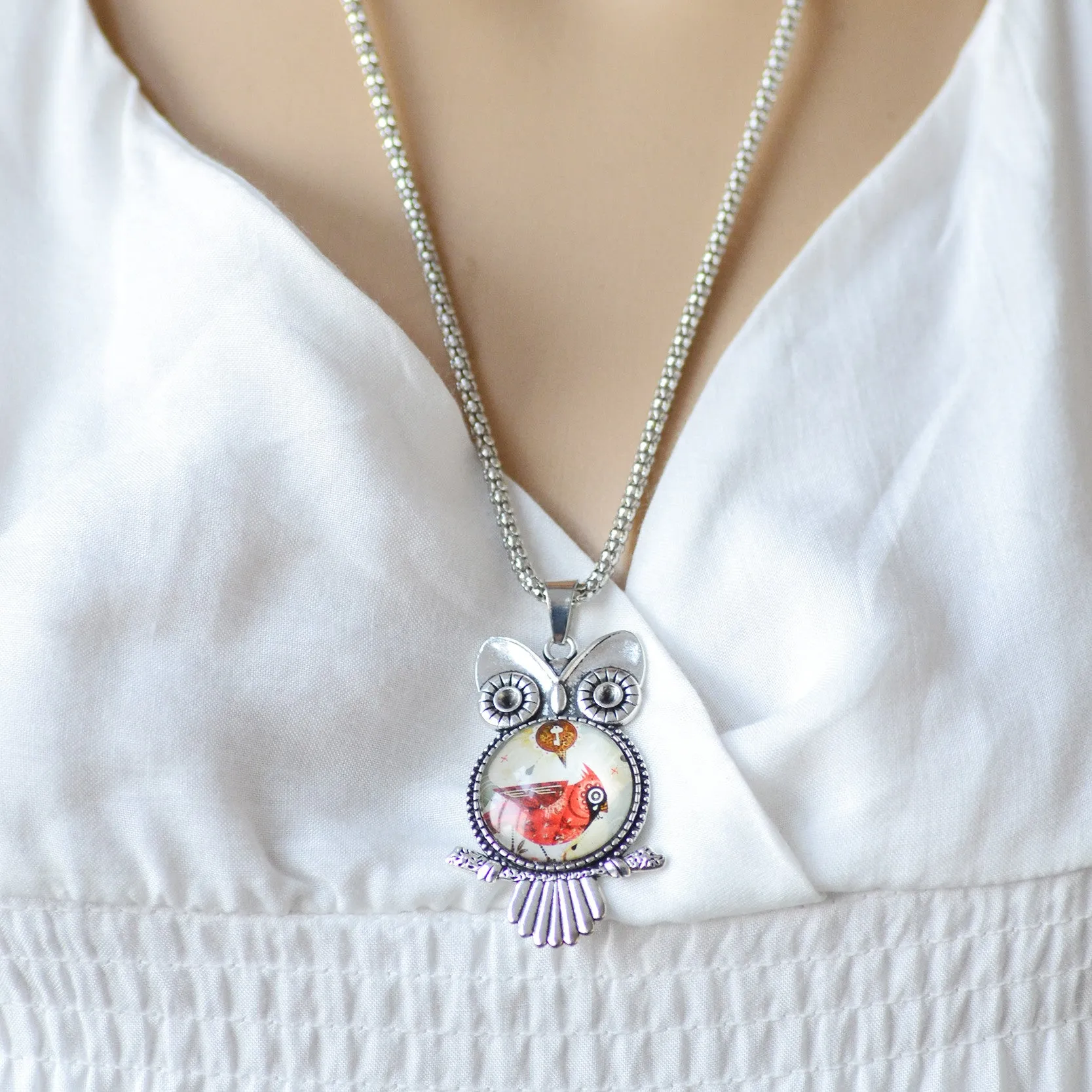 Fashion Owl pendant necklace newest glass cabochon necklace in jewelry vintage sterling silver statement chain necklace