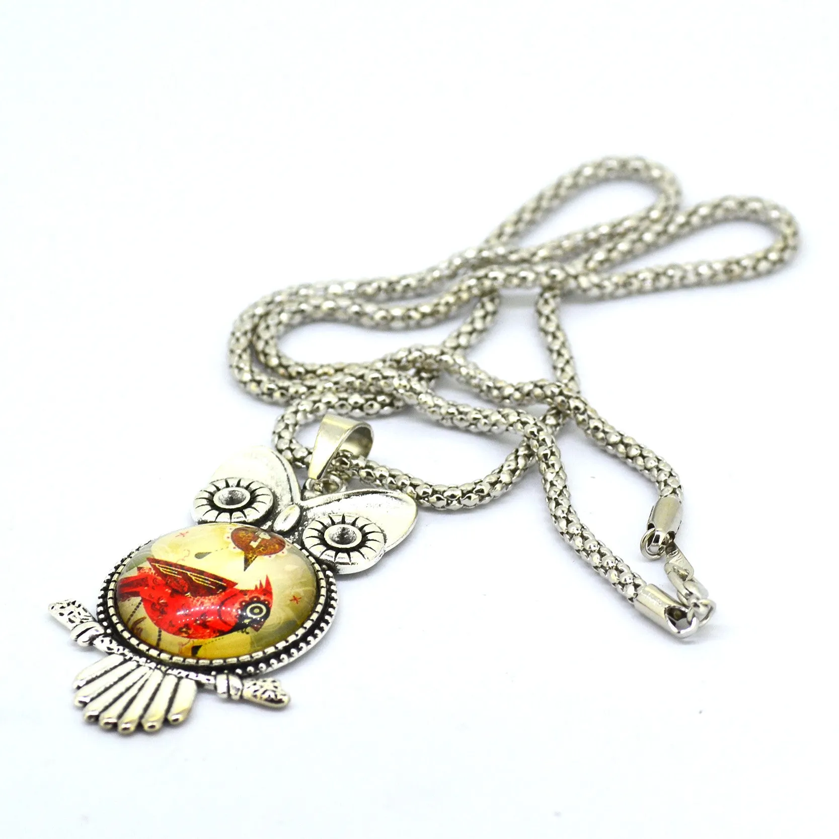 Fashion Owl pendant necklace newest glass cabochon necklace in jewelry vintage sterling silver statement chain necklace