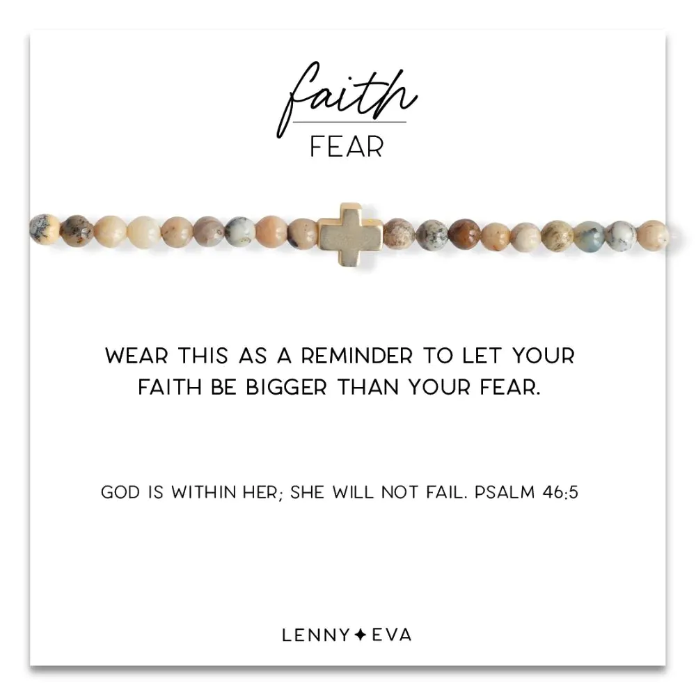 Gold Cross Faith Over Fear Bracelet in Feldspar