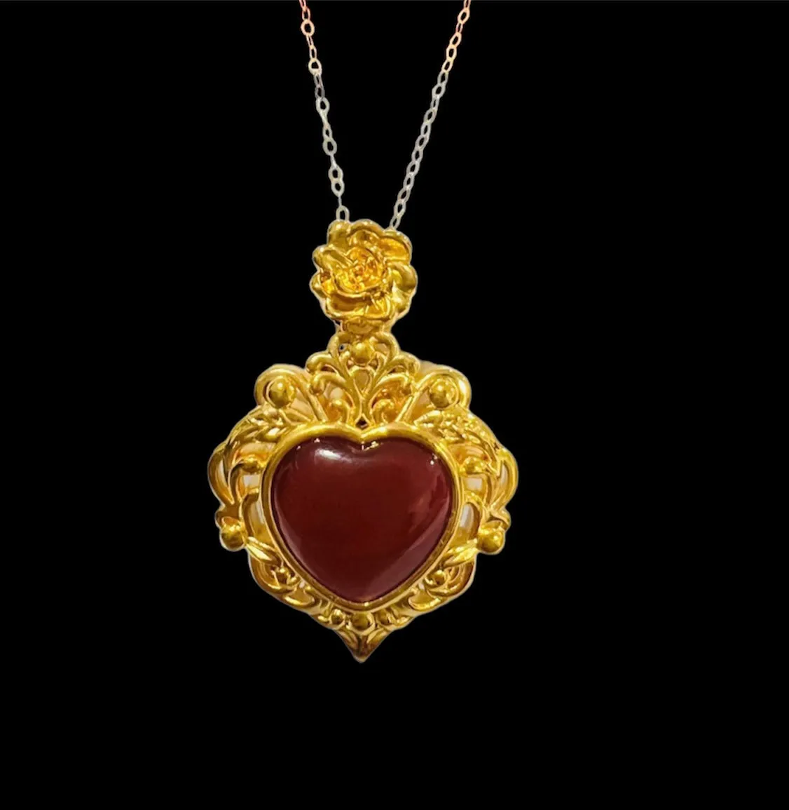 #GOLD2024 | 18K Golden Red Carnelian Heart Necklace Classic Chain 18”
