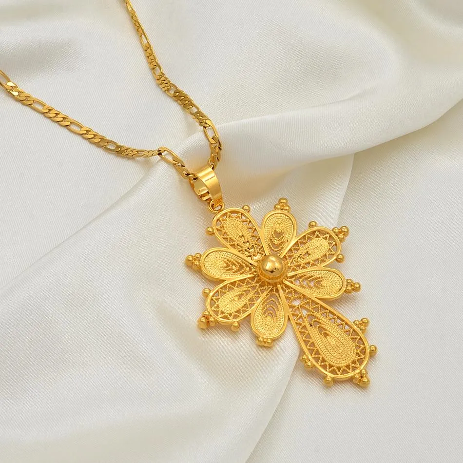 Golden Ethiopian Cross Pendant Chain Necklace