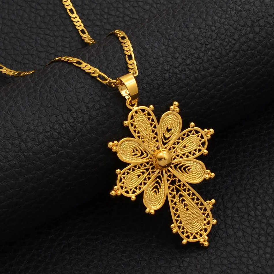 Golden Ethiopian Cross Pendant Chain Necklace