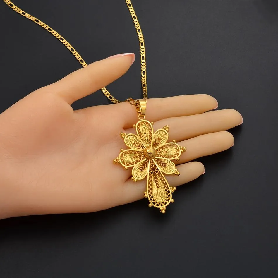 Golden Ethiopian Cross Pendant Chain Necklace