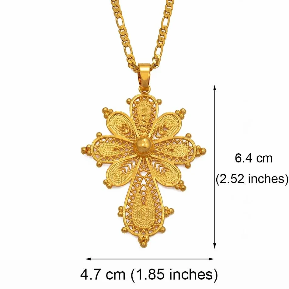 Golden Ethiopian Cross Pendant Chain Necklace