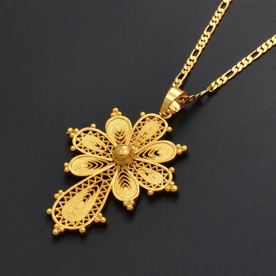 Golden Ethiopian Cross Pendant Chain Necklace