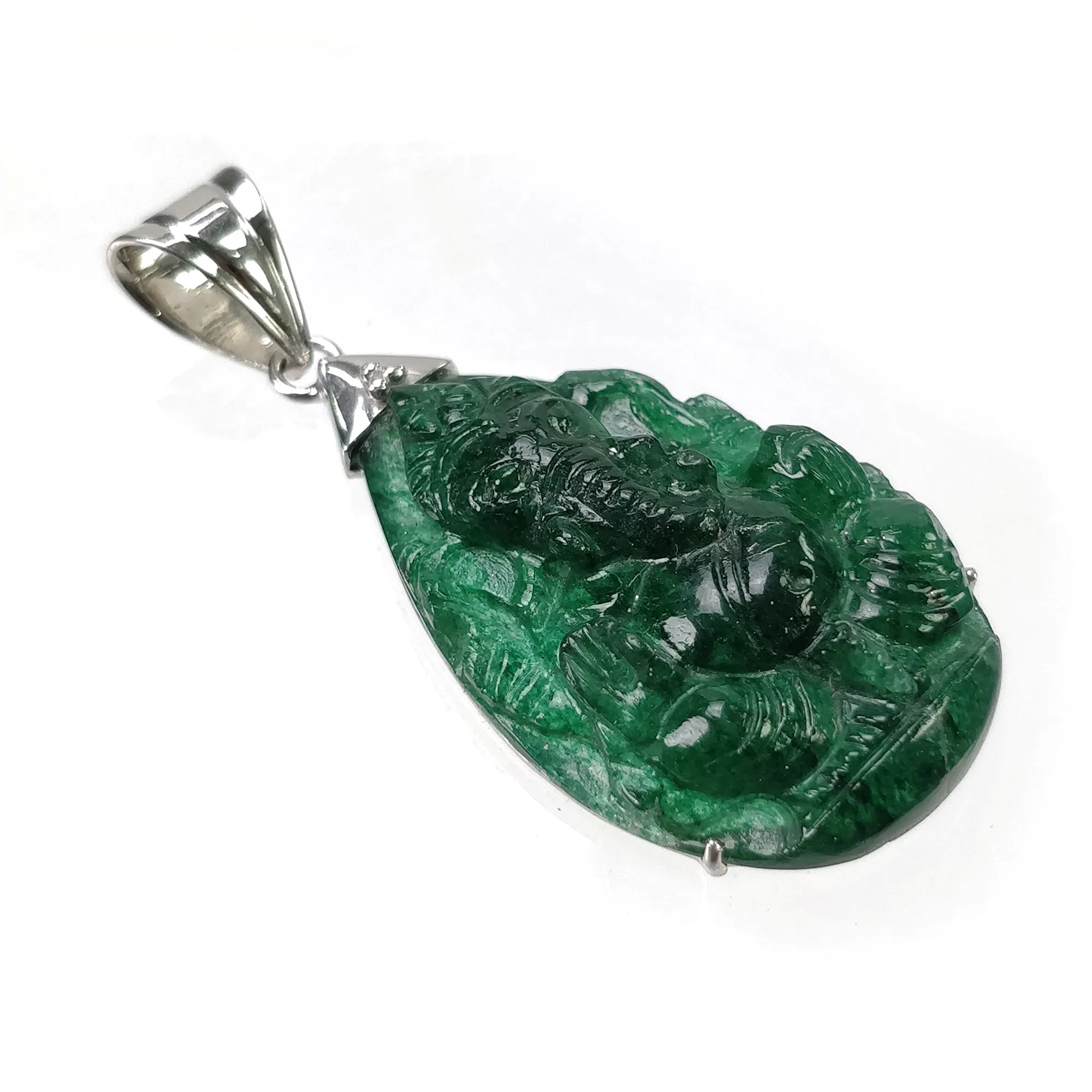 Green QUARTZITE Gemstone Carving : 8.08cts Natural Untreated Unheated Quartzite Hand Carved LORD GANESHA Pendant 35*21mm