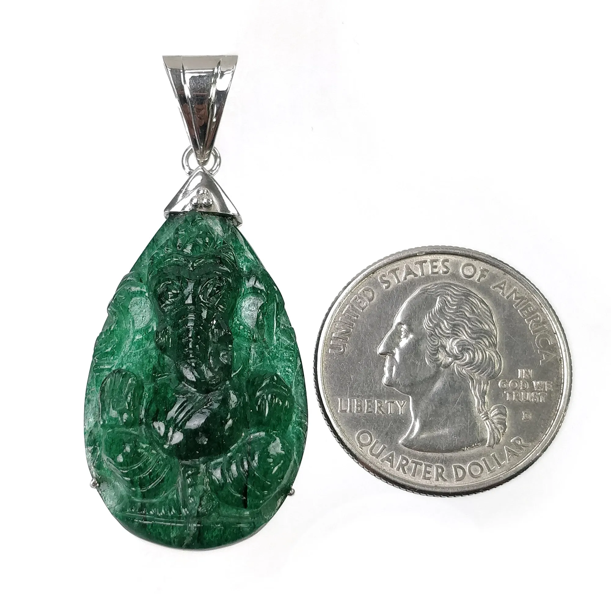 Green QUARTZITE Gemstone Carving : 8.08cts Natural Untreated Unheated Quartzite Hand Carved LORD GANESHA Pendant 35*21mm