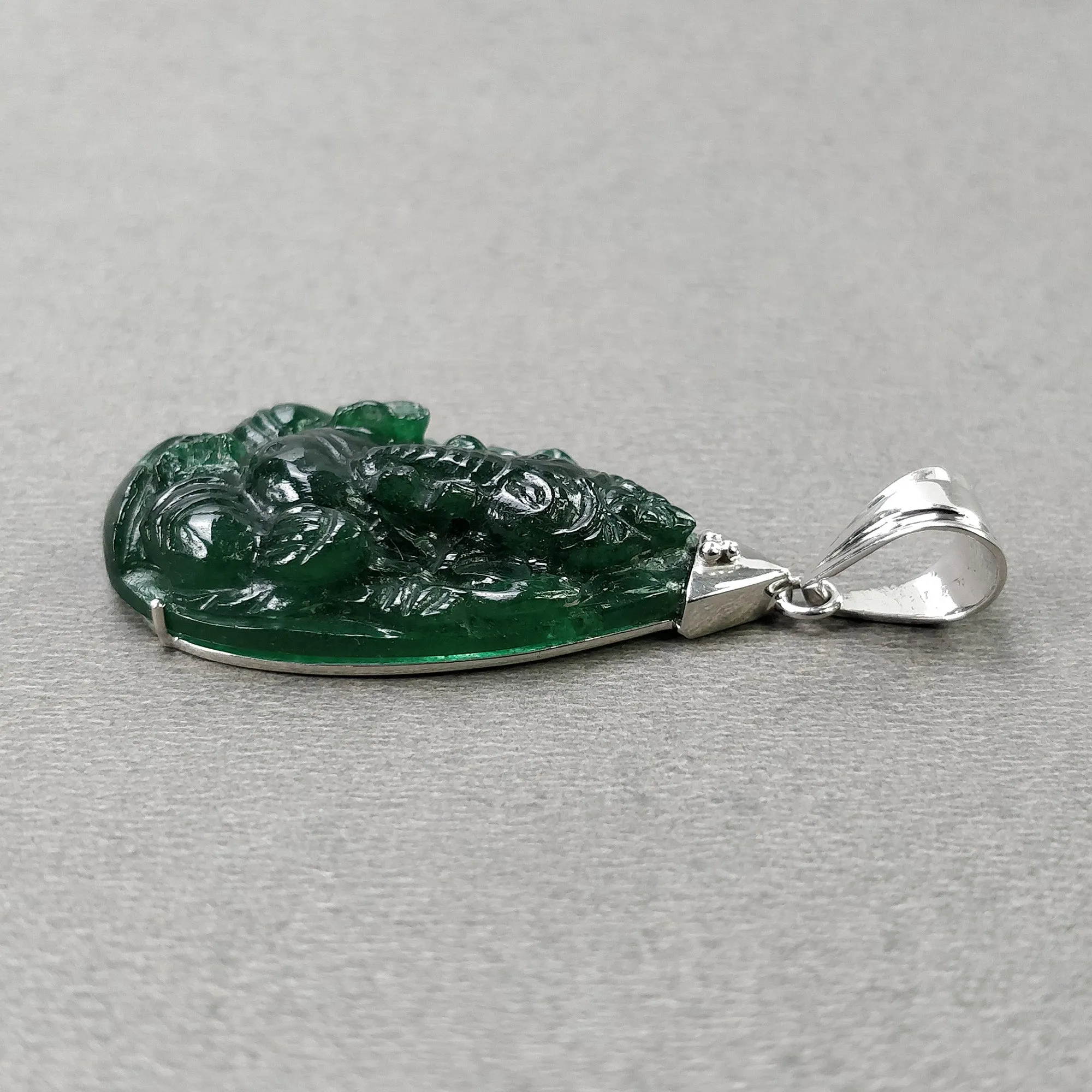 Green QUARTZITE Gemstone Carving : 8.08cts Natural Untreated Unheated Quartzite Hand Carved LORD GANESHA Pendant 35*21mm