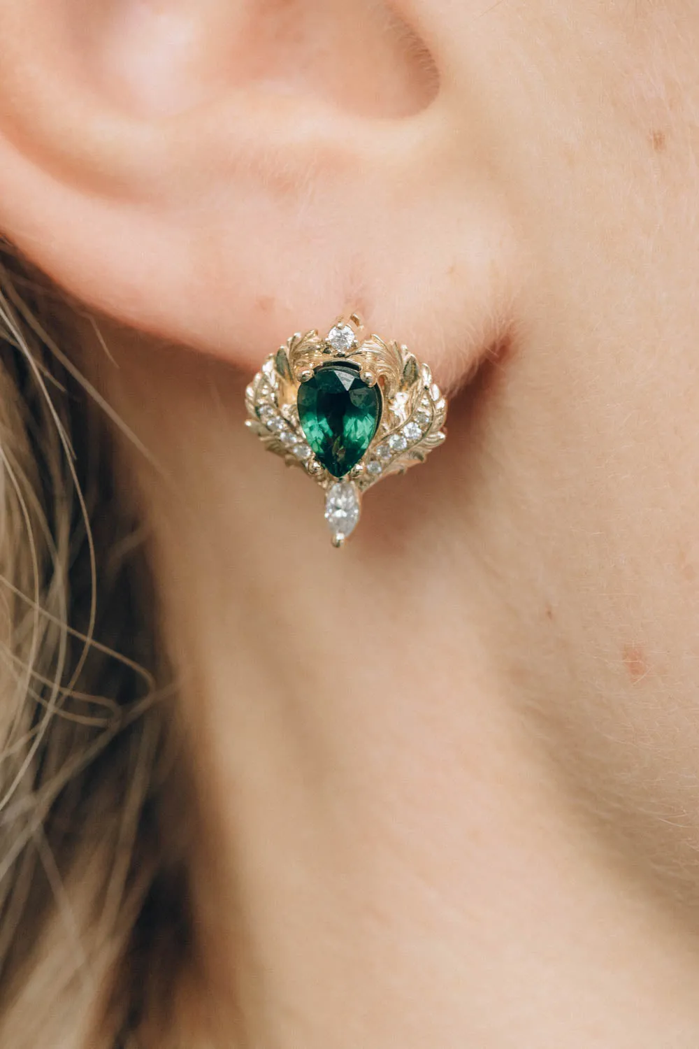 Green sapphire earrings, nature inspired earrings with diamonds / Adonis earrings