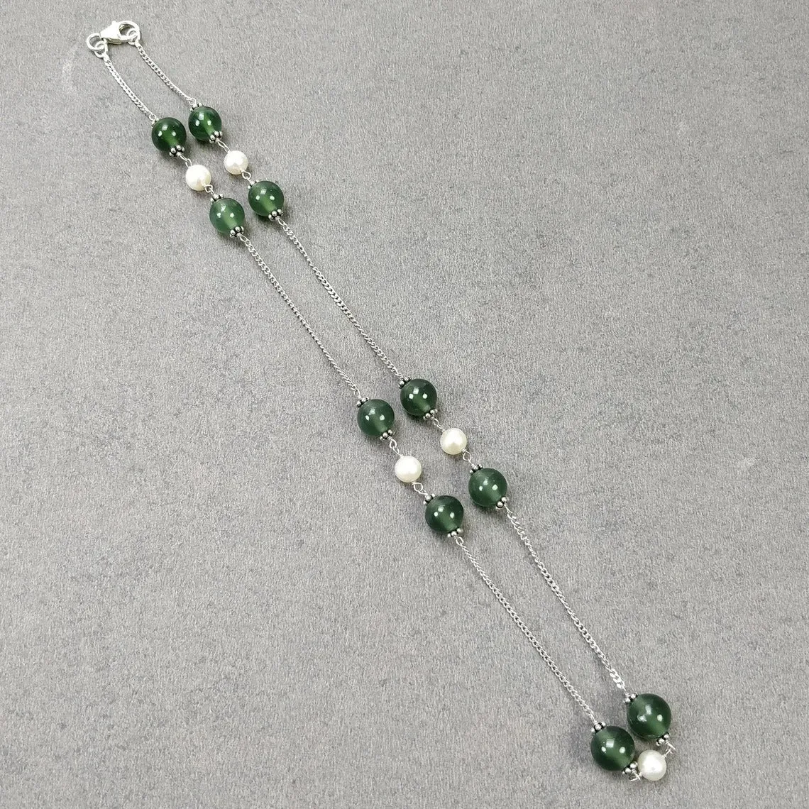 Green SERPENTINE & White PEARL Gemstones Beads Chain NECKLACE : 925 Sterling Silver Natural Round Cabochon 18" Statement Necklace