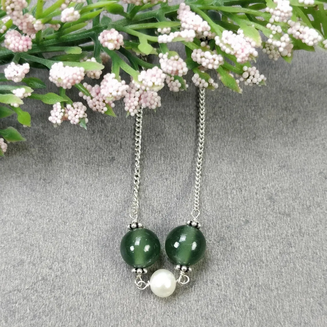 Green SERPENTINE & White PEARL Gemstones Beads Chain NECKLACE : 925 Sterling Silver Natural Round Cabochon 18" Statement Necklace