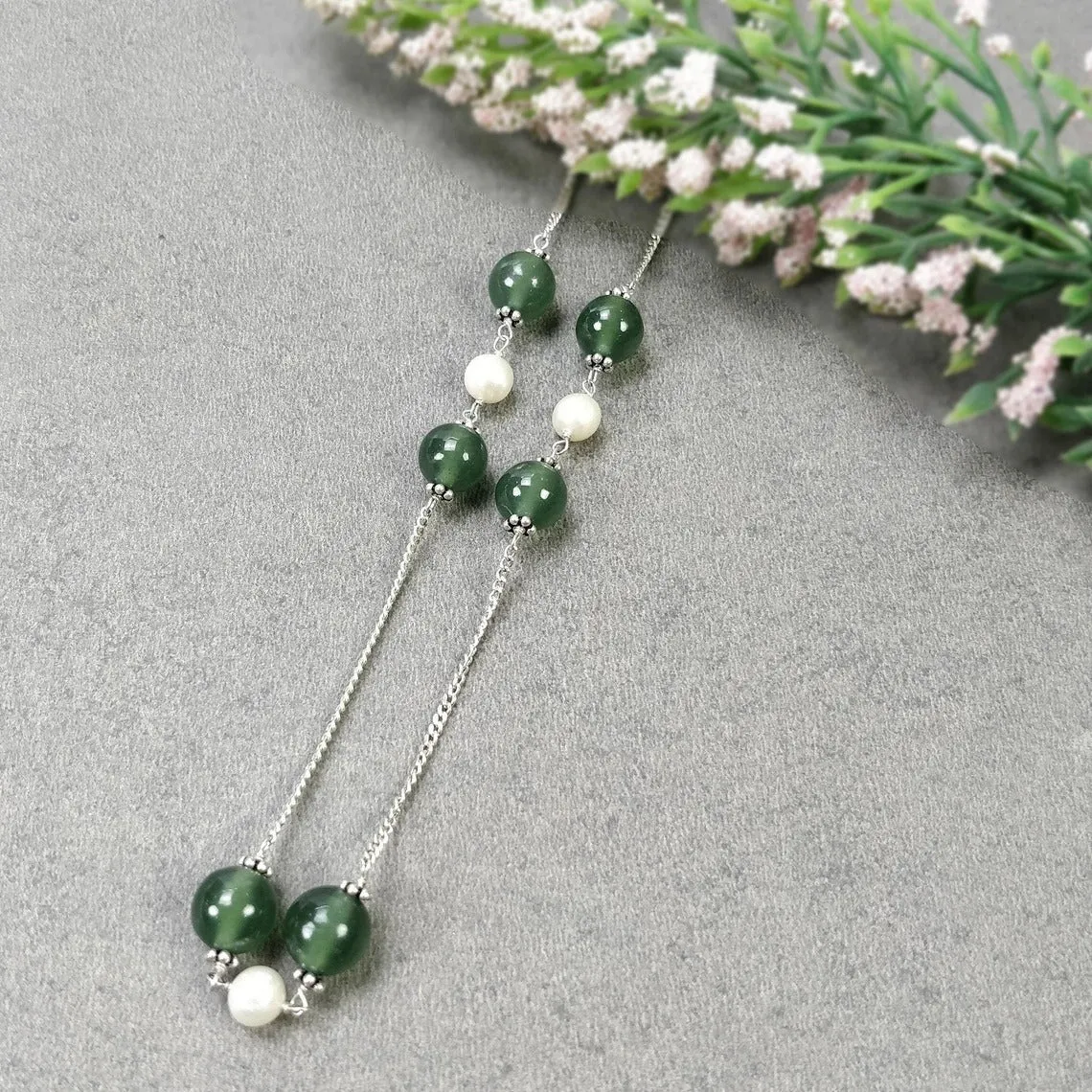 Green SERPENTINE & White PEARL Gemstones Beads Chain NECKLACE : 925 Sterling Silver Natural Round Cabochon 18" Statement Necklace
