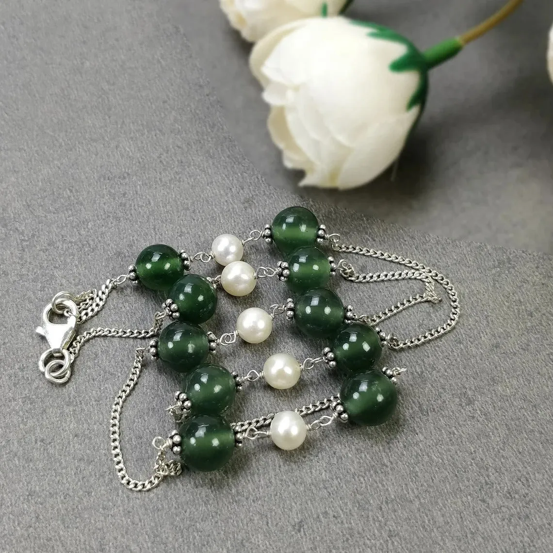 Green SERPENTINE & White PEARL Gemstones Beads Chain NECKLACE : 925 Sterling Silver Natural Round Cabochon 18" Statement Necklace