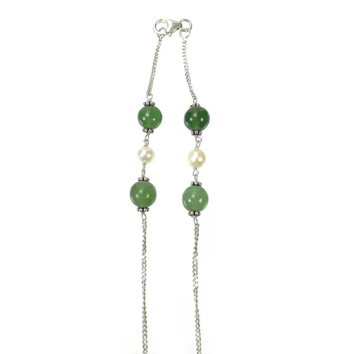 Green SERPENTINE & White PEARL Gemstones Beads Chain NECKLACE : 925 Sterling Silver Natural Round Cabochon 18" Statement Necklace
