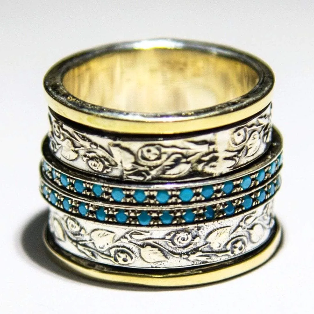 Israeli spinning rings Spinner ring , silver 9K gold lab opals