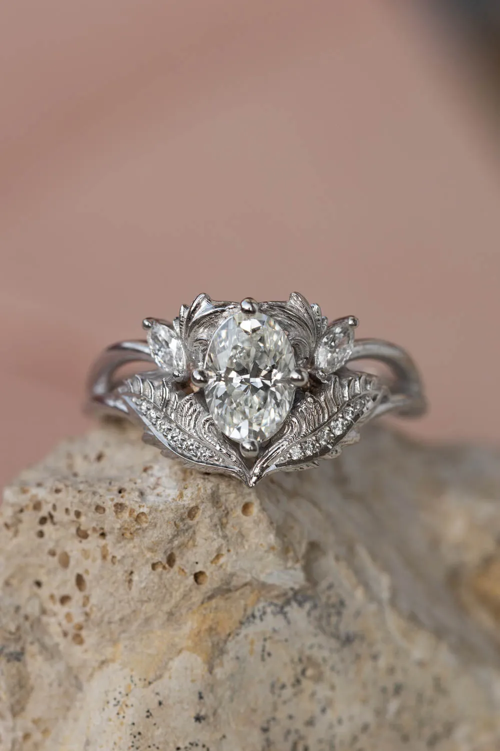 Lab grown diamond engagement ring, white gold ring with oval diamond / Adonis
