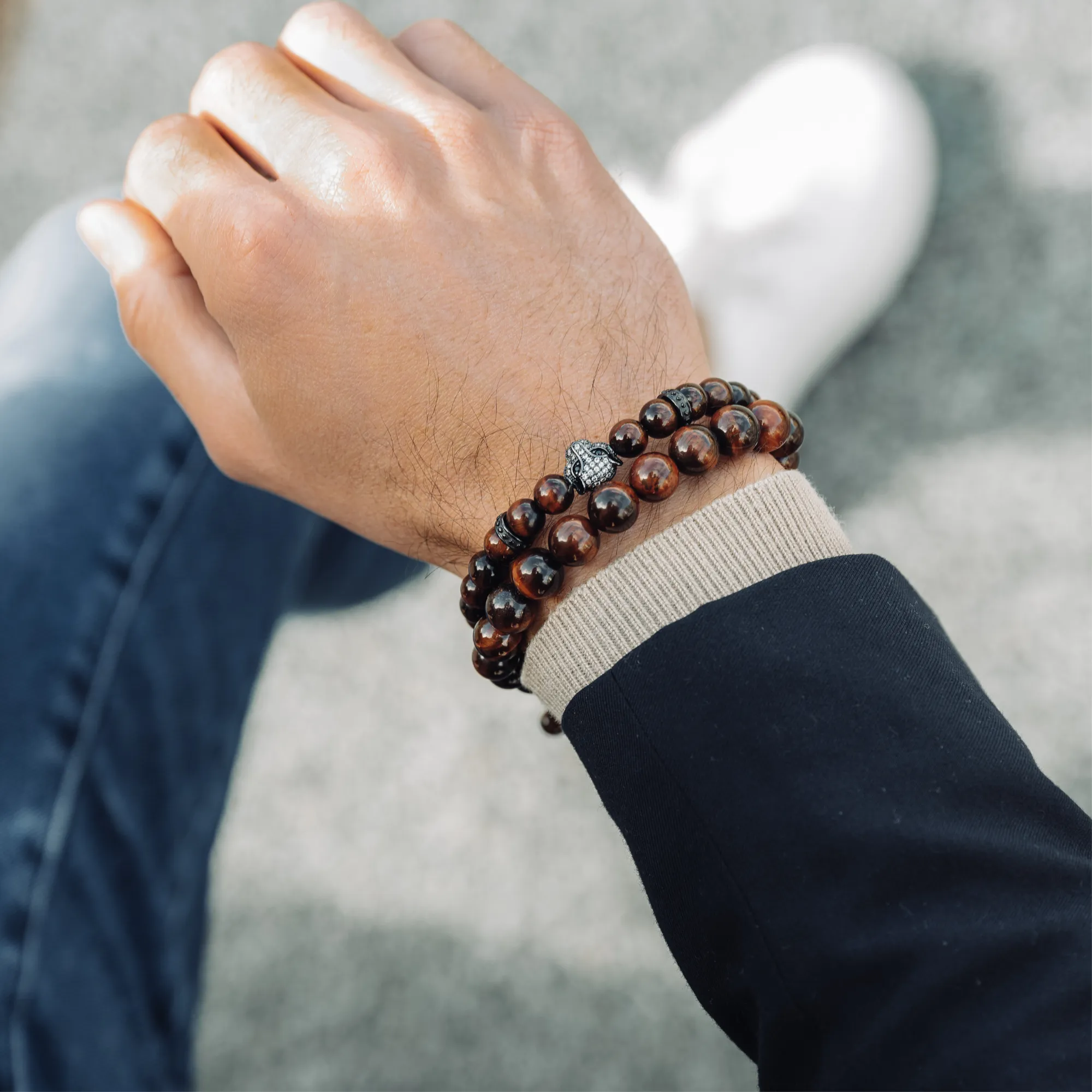 Men's RED TIGER EYE Bracelet With Black LEOPARD Head - One Size Fits All