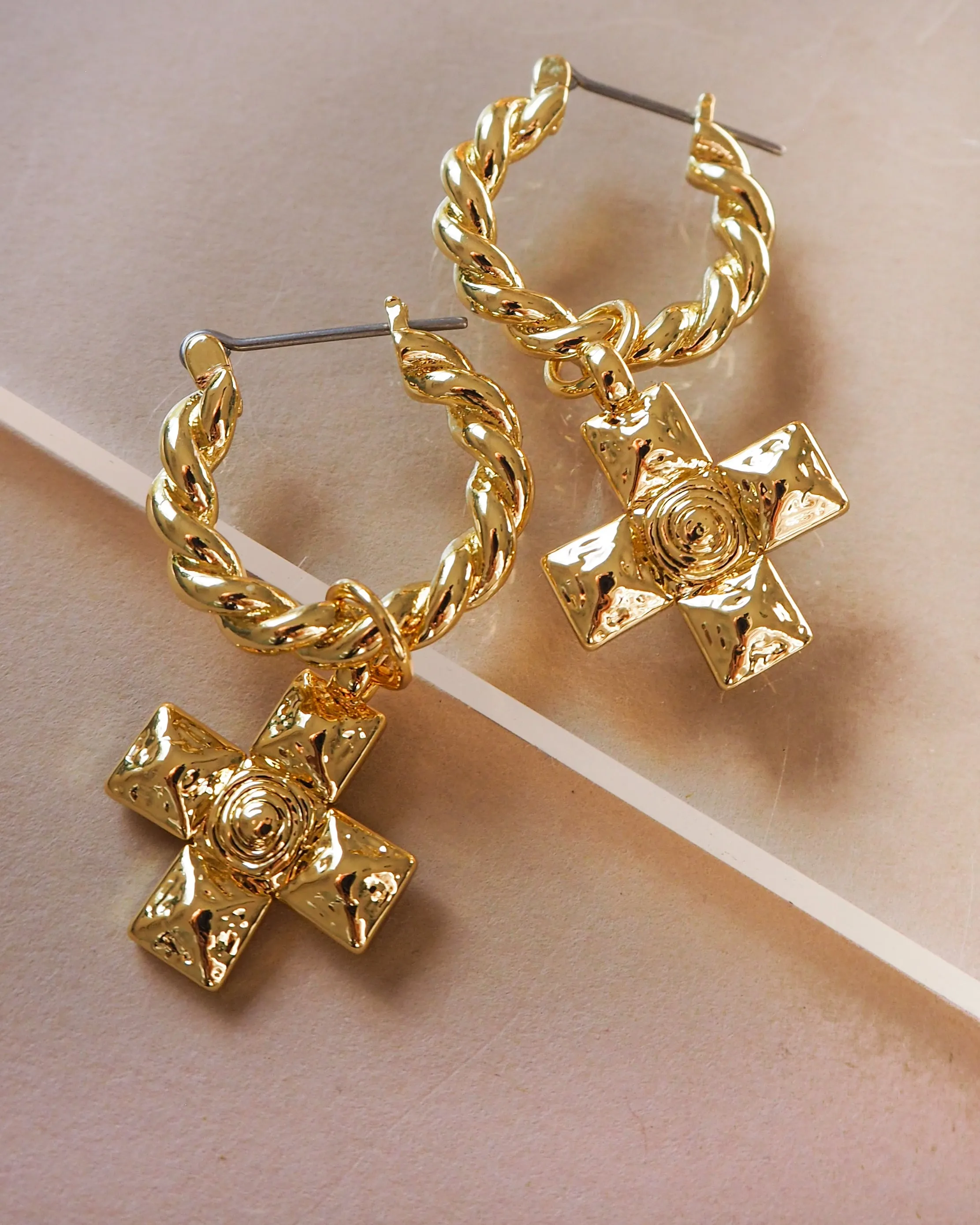 Molten Cross Twisted Hoops- Gold