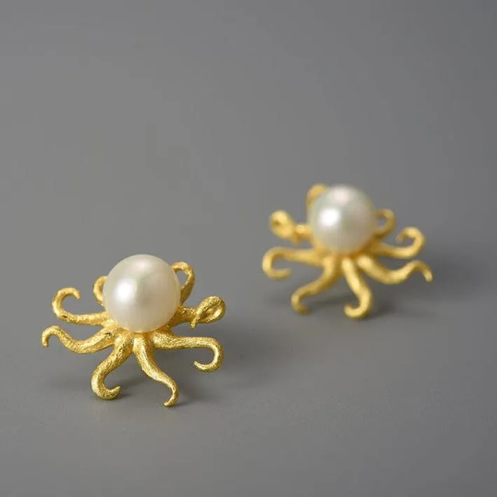 Octopus Natural Pearl Stud Earrings - 925 Sterling Silver