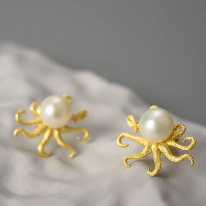 Octopus Natural Pearl Stud Earrings - 925 Sterling Silver