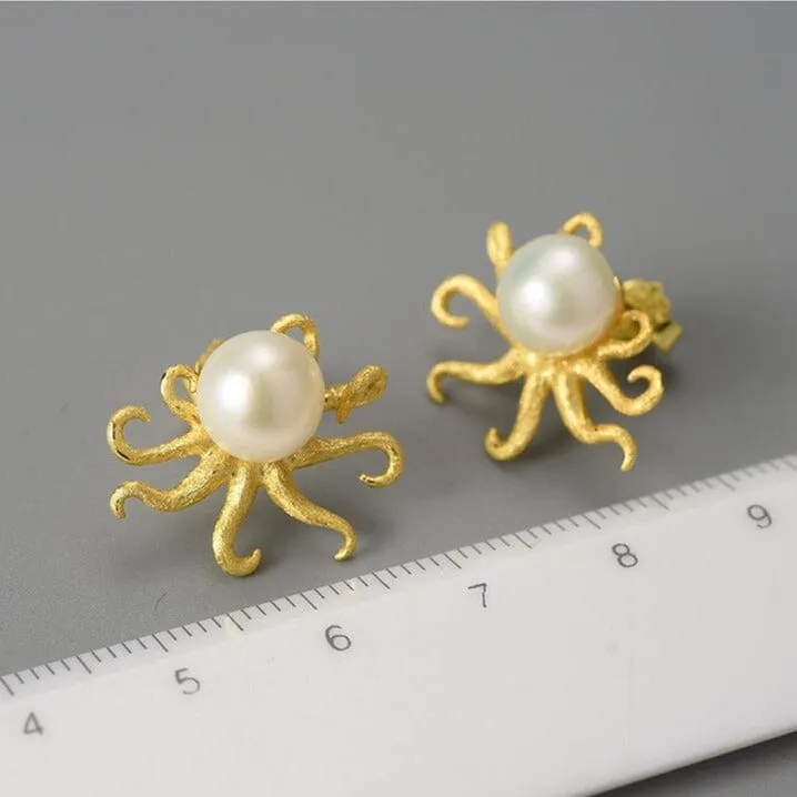 Octopus Natural Pearl Stud Earrings - 925 Sterling Silver