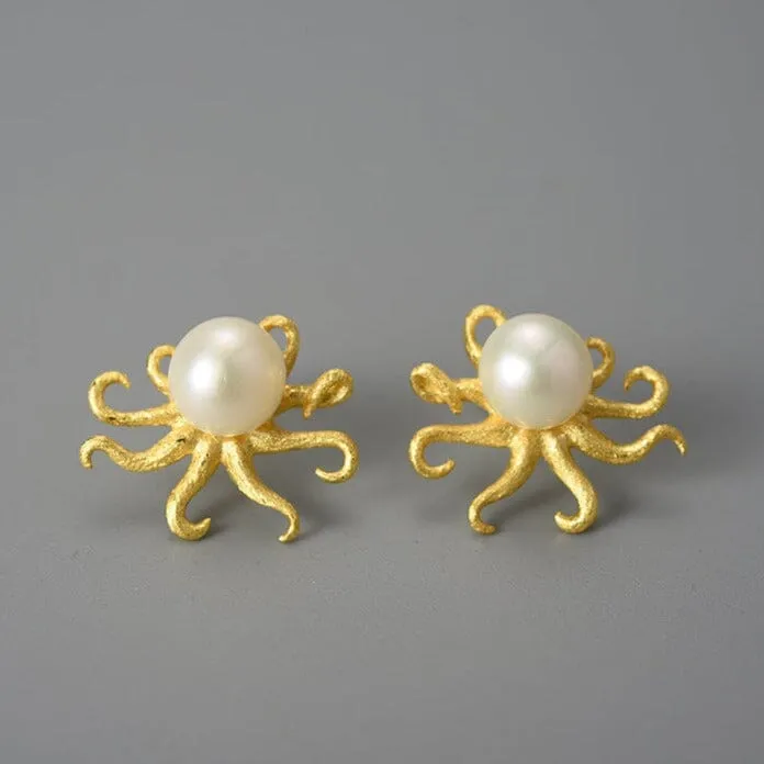 Octopus Natural Pearl Stud Earrings - 925 Sterling Silver