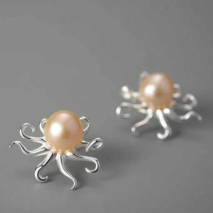 Octopus Natural Pearl Stud Earrings - 925 Sterling Silver