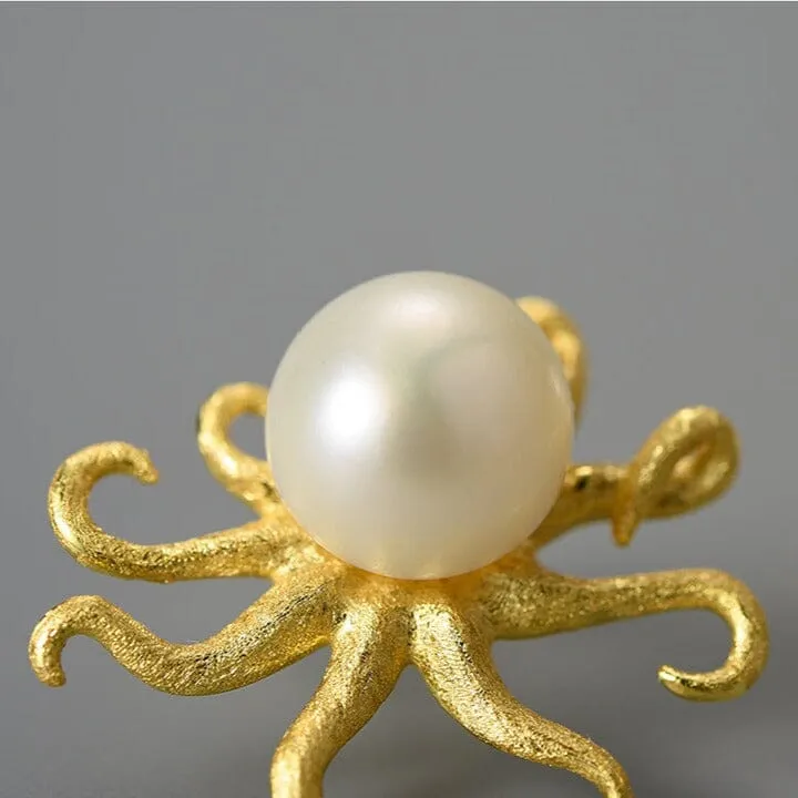 Octopus Natural Pearl Stud Earrings - 925 Sterling Silver