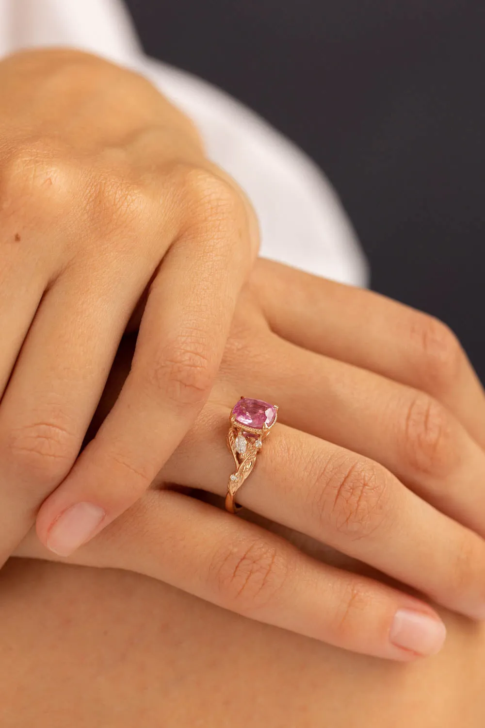 READY TO SHIP: Patricia ring in 14K rose gold, pink sapphire cushion cut 7mm, diamonds, AVAILABLE RING SIZES: 6-8 US
