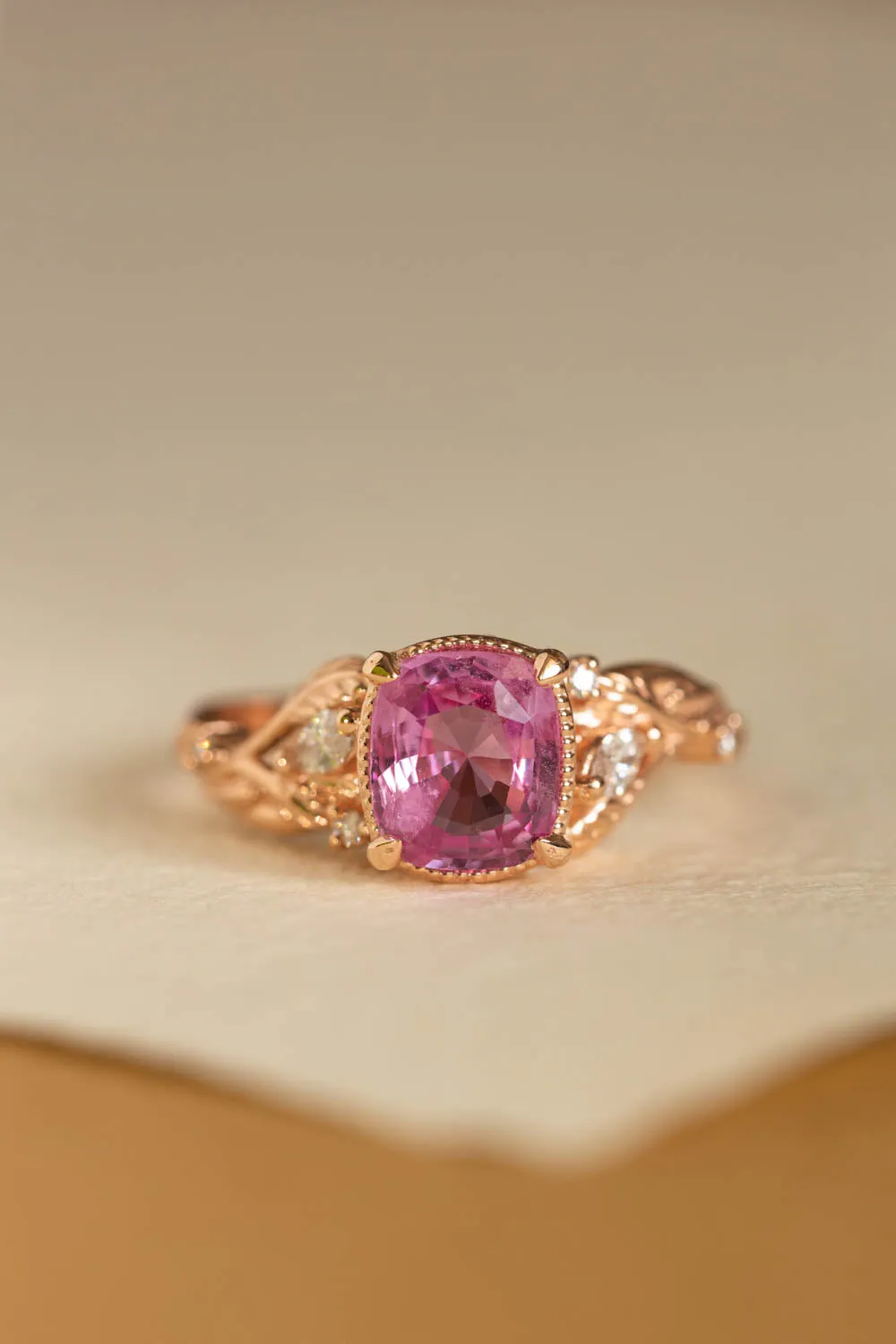 READY TO SHIP: Patricia ring in 14K rose gold, pink sapphire cushion cut 7mm, diamonds, AVAILABLE RING SIZES: 6-8 US