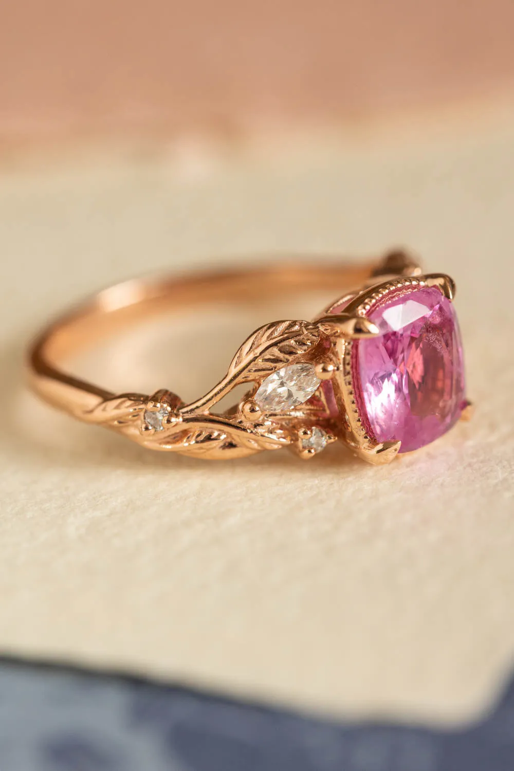 READY TO SHIP: Patricia ring in 14K rose gold, pink sapphire cushion cut 7mm, diamonds, AVAILABLE RING SIZES: 6-8 US